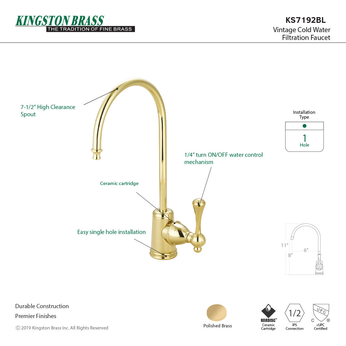 Kingston Tulare KS7192BL - Vintage Single-Handle 1-Hole Deck Mount Water Filtration Faucet, Polished Brass — thumbnail 2